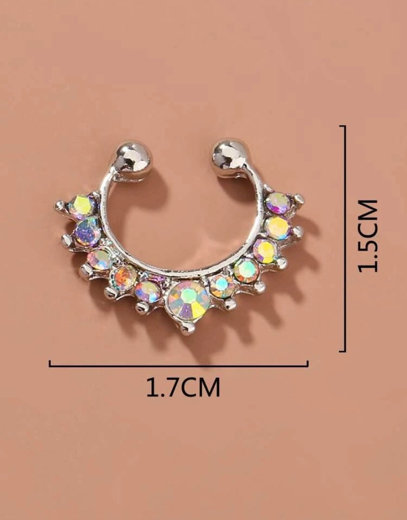 Silver iridescent rhinestone septum cuff