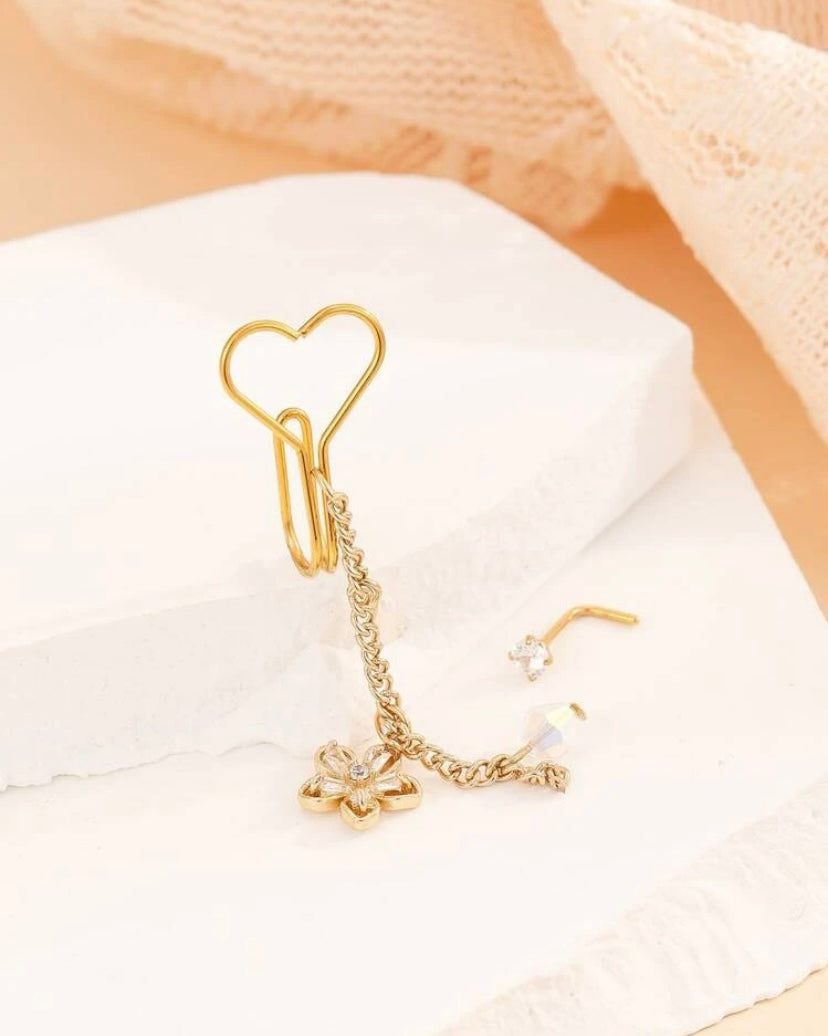 Gold flower chain-linked nose stud/ cuff set
