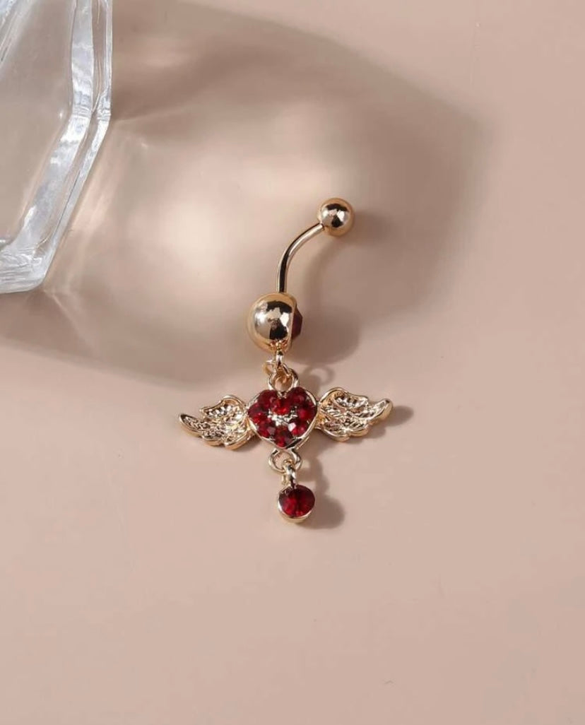 Gold red Heart w/ wings belly ring