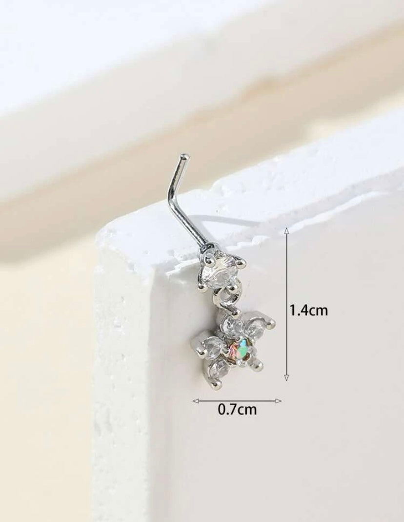 Silver flower rhinestone nose stud