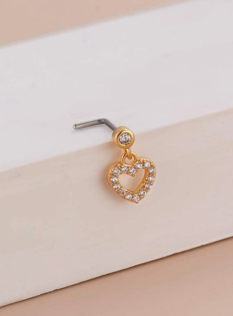 Gold rhinestone heart charm nose stud