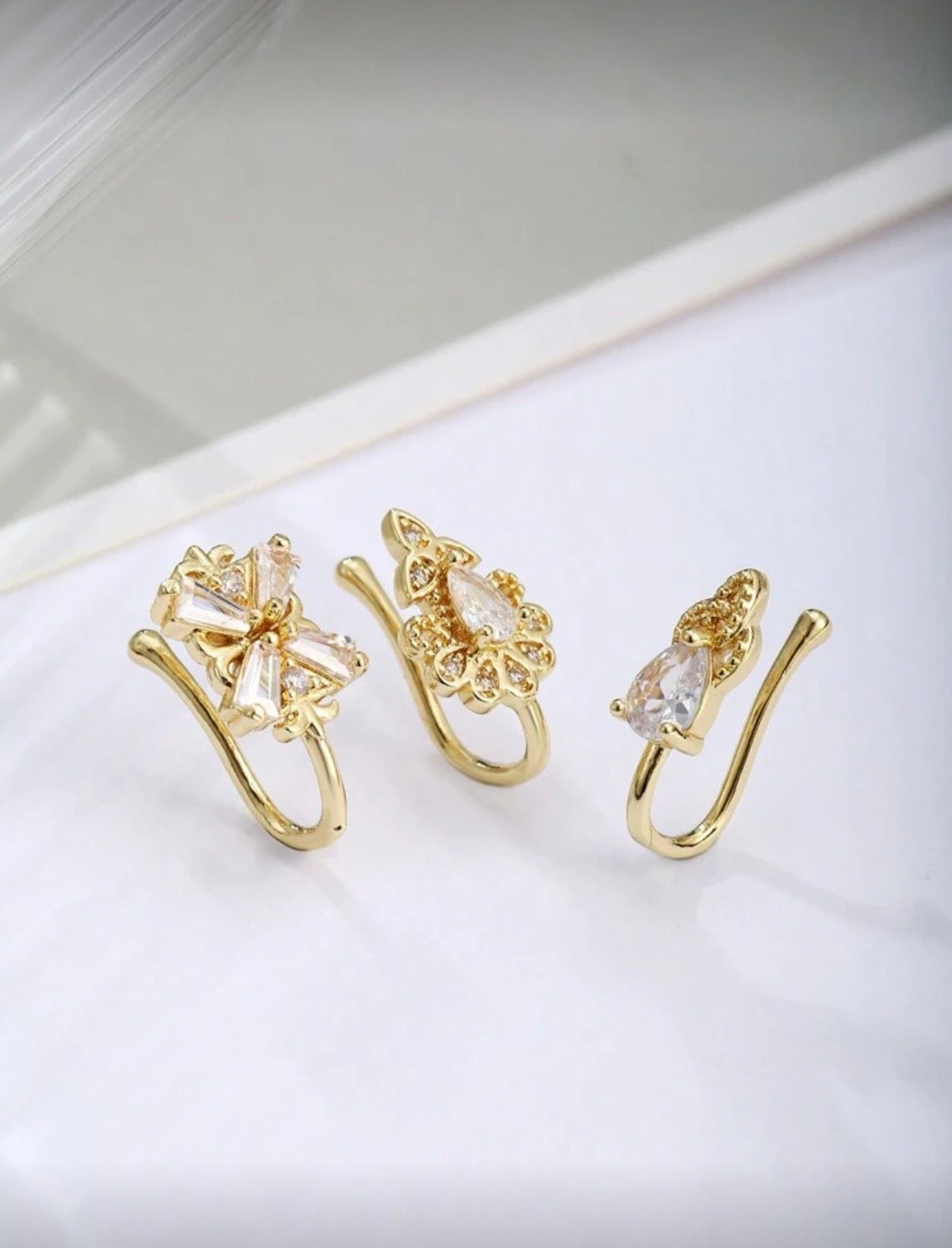 3 Diamond Gold Nose Cuff Set
