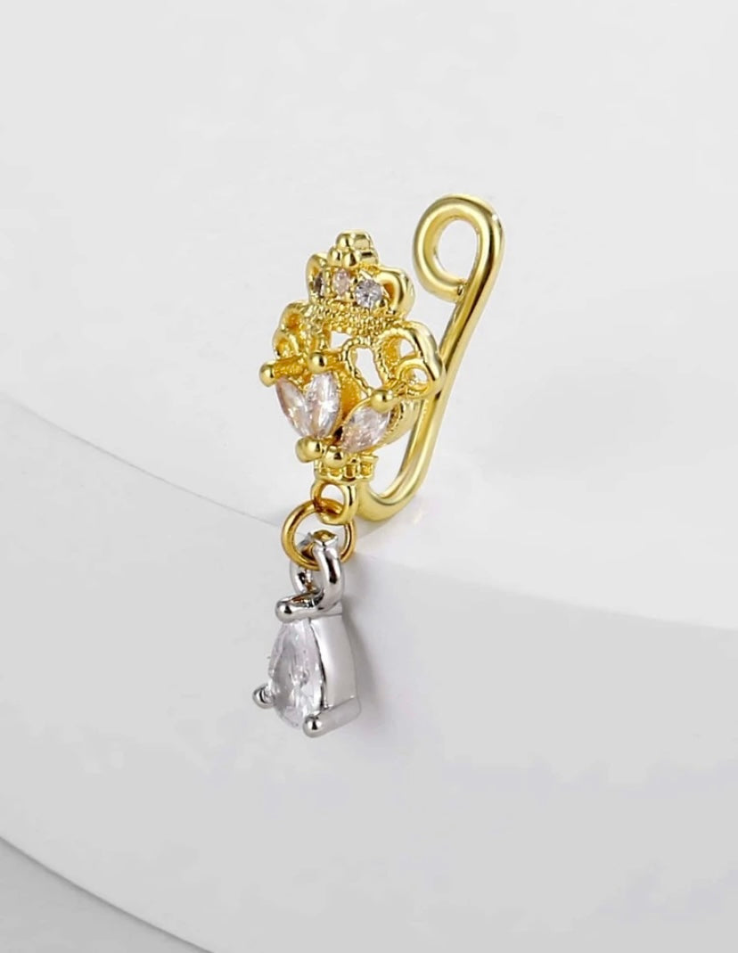 Gold rhinestone drop nose cuff