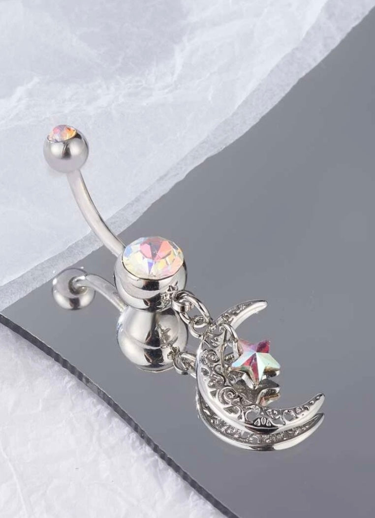 Silver iridescent moon/star belly ring