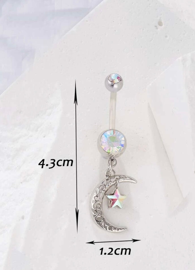 Silver iridescent moon/star belly ring
