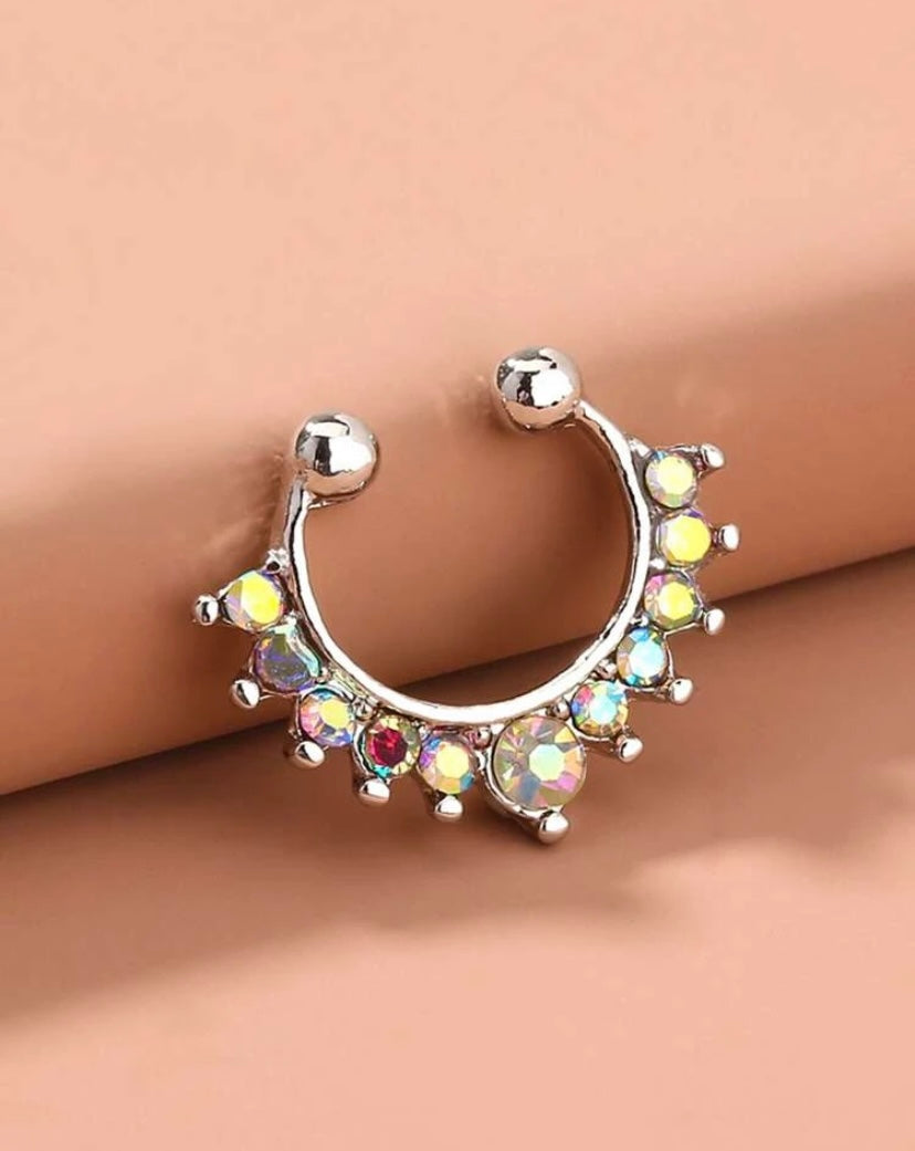 Silver iridescent rhinestone septum cuff