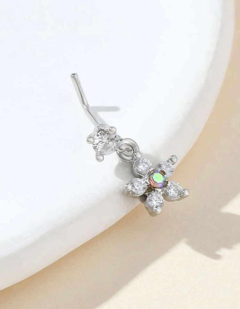 Silver flower rhinestone nose stud