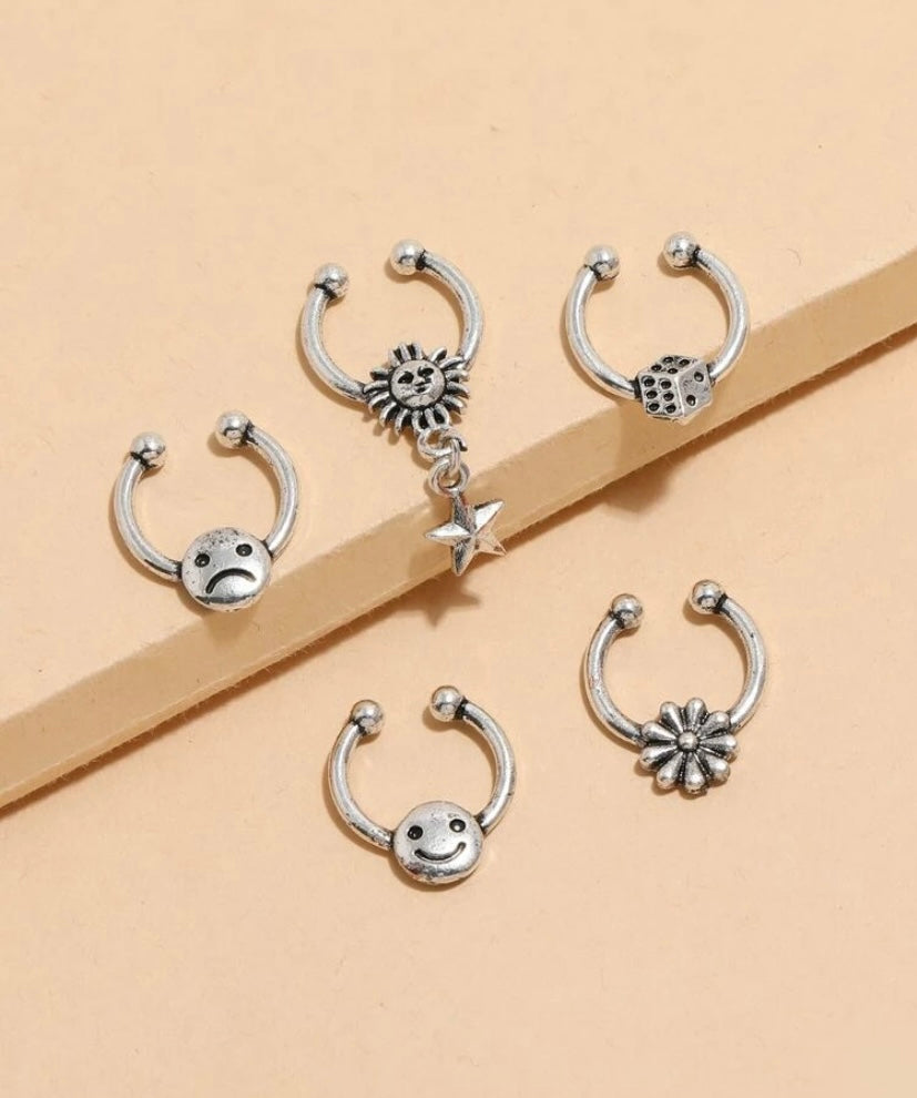 5 silver septum cuff set
