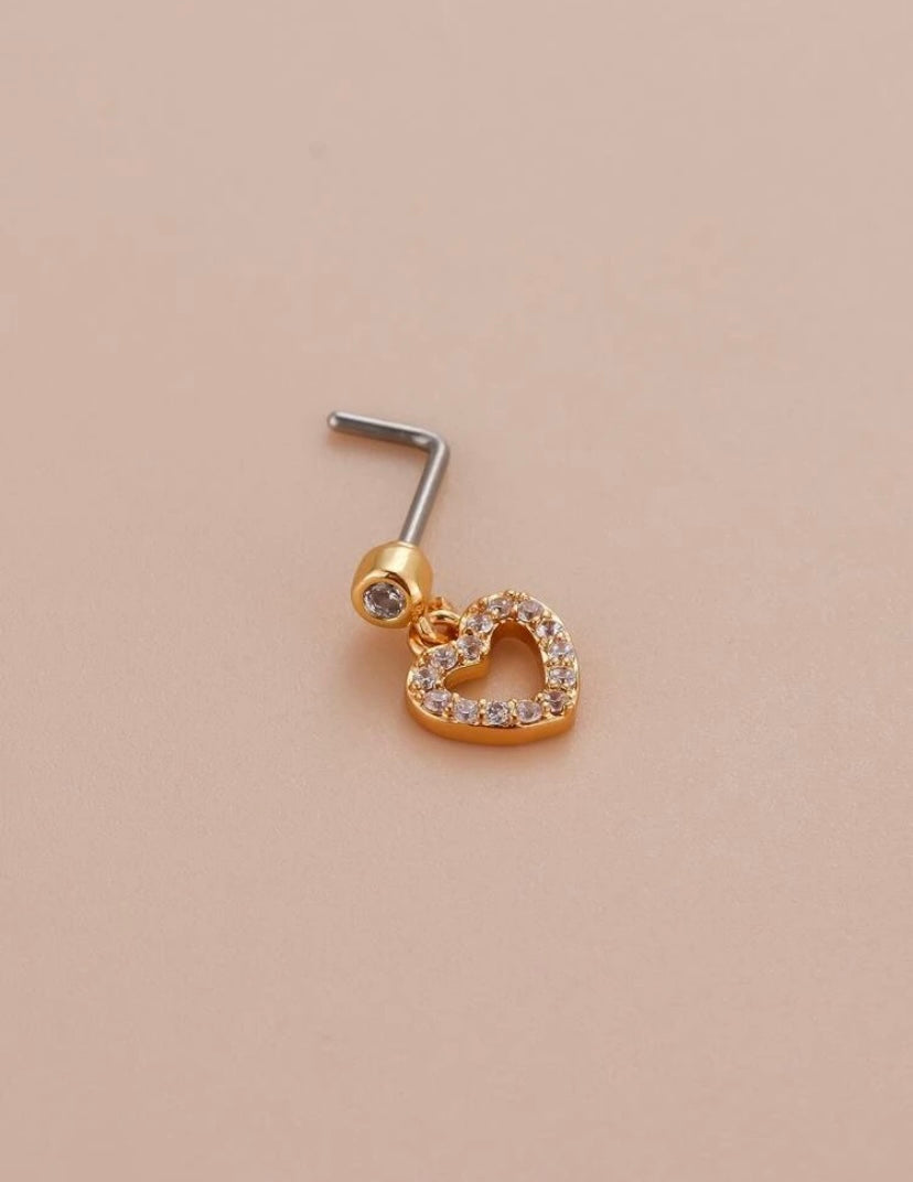 Gold rhinestone heart charm nose stud